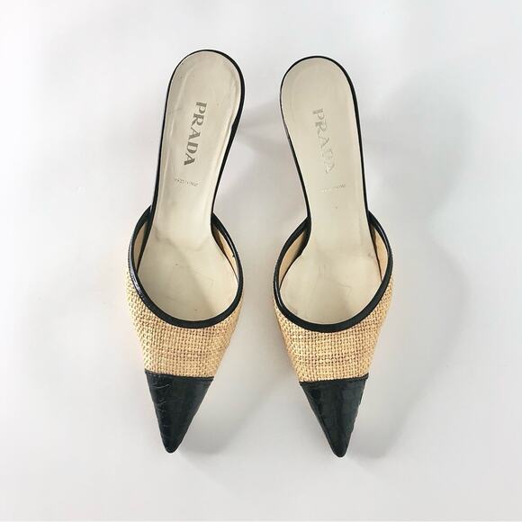 Prada Y2K Vintage Raffia Cap Toe Croc Emboss Kitten Heel Pointed Toe Mules 38.5 - Picture 3 of 13
